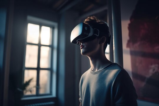 A Man Wearing A Virtual Reality Headset In A Dark Room Workshop Stereoscopic Photography Virtual Reality Generative AI 