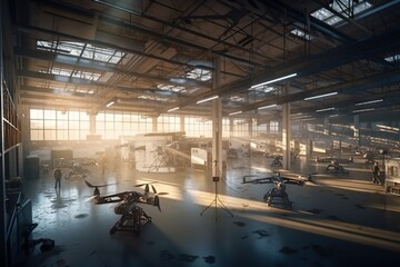 Poster - A Large Warehouse With Lots Of Machines And Windows In It's Center Workshop Aerial Photography Supply Chain Optimization Generative AI 