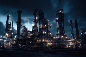 Poster - A Large Industrial Plant With Many Lights On It's Sides Factory Long Exposure Photography Manufacturing Planning And Control Generative AI 