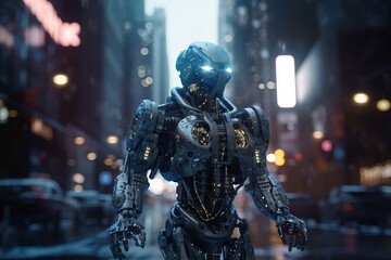 Poster - A Robot Standing In The Middle Of A City At Night With A Lot Of Lights Junkyard Photorealism Robotics Engineering Generative AI 