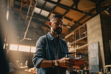 Poster - A Man Holding A Small Red Object In His Hands In A Warehouse Workshop Aerial Photography Aerial Photography Generative AI 