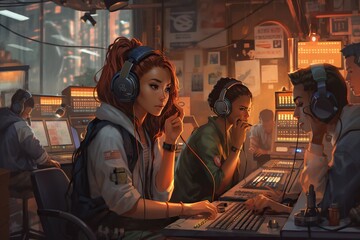 Poster - A Group Of People Sitting At A Computer Desk With Headphones On Junkyard Renaissance Computers Generative AI 
