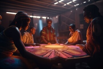 Poster - A Group Of People Sitting Around A Table With A Lit Up Object Solar Farm Kinetic Art African Culture Generative AI 