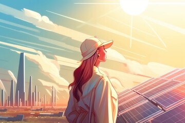 Poster - A Woman Standing In Front Of A Solar Panel In A Field Solar Farm Environmental Art Solar Panels Generative AI 