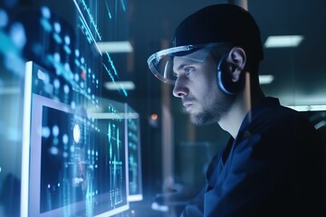 Poster - A Man Wearing Headphones And A Cap Looking At A Computer Screen Workshop Panoramic Photography Supply Chain Optimization Generative AI 