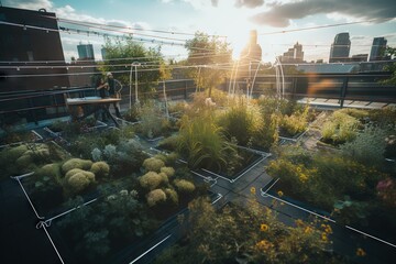 Poster - A Person Standing On A Balcony Overlooking A Garden With Lots Of Plants Urban Rooftop Garden Time-lapse Photography Landscape Architecture Generative AI 