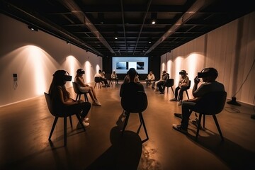Poster - A Group Of People Sitting In Chairs In A Room With A Projector Screen Conference Room Stereoscopic Photography Virtual Reality Generative AI 