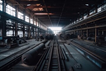 Poster - A Train Station With Several Train Tracks And A Large Building With Windows Abandoned Industrial Warehouse Interior Long Exposure Photography Industrial Photography Generative AI 