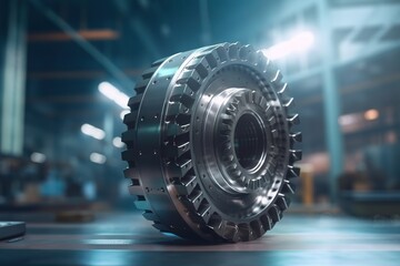Poster - A Large Metal Gear Wheel In A Factory With Lights On The Background Workshop Photorealism Industrial Photography