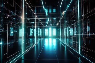 Poster - A Long Hallway With Neon Lights And A Door Leading To Another Room Conference Room Video Art Smart Homes Generative AI 