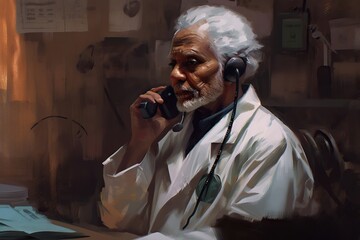 Poster - A Painting Of A Man With A Headset On Talking On A Phone Junkyard Realism Voice Acting Generative AI 