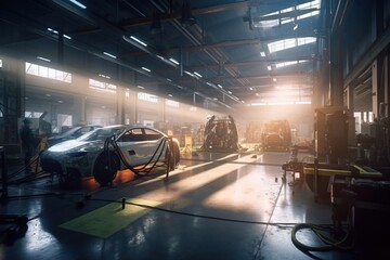 Poster - A Car Being Worked On In A Factory With A Lot Of Windows Car Repair Shop Photorealism Industrial Photography Generative AI 