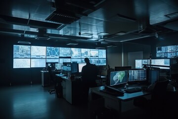 Poster - A Man Is Standing In Front Of A Large Screen With Multiple Monitors Newsroom Panoramic Photography Cybersecurity Generative AI 
