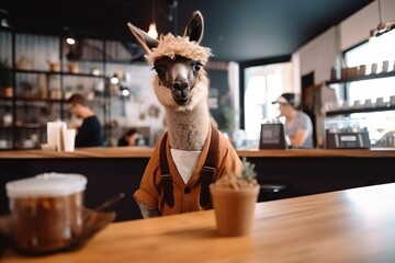 Poster - A Llama Wearing A Shirt And Apron Sitting At A Table Coffee Shop Travel Photography Influencer Marketing Generative AI 
