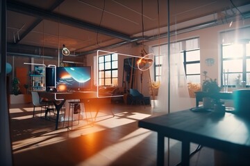 Poster - A Room With A Table Chairs And A Television In It Living Room Photorealism Smart Homes Generative AI 