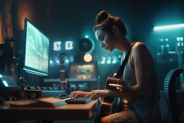 Poster - A Woman Sitting At A Desk With A Keyboard And Mouse In Front Of A Computer Monitor Recording Studio Advertising Photography Music Production Generative AI 