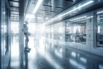 Poster - A Robot Standing In A Room With A Lot Of Windows And A Door Factory Advertising Photography Robotics Engineering Generative AI 