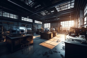 Poster - A Large Room With Lots Of Windows And A Lot Of Machines Workshop Panoramic Photography Manufacturing Planning And Control