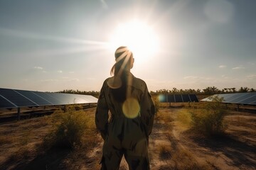 Poster - A Person Standing In Front Of A Field Of Solar Panels At Sunset Solar Farm Environmental Art Solar Panels Generative AI 
