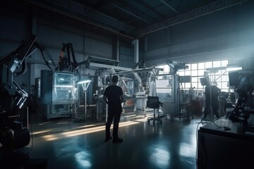 Poster - A Man Standing In A Dark Room With A Lot Of Equipment Factory Panoramic Photography Manufacturing Planning And Control Generative AI 