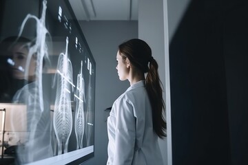 Poster - A Woman Looking At A Medical X - Ray Image On A Wall Hospital Advertising Photography Healthcare Administration