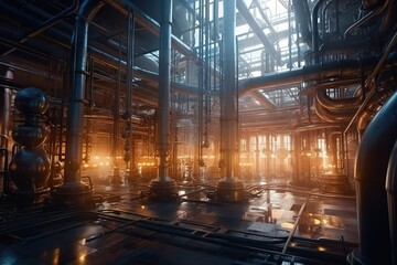 Poster - A Large Industrial Building With Pipes And Pipes In It's Center Factory Panoramic Photography Heating And Cooling Systems Generative AI 