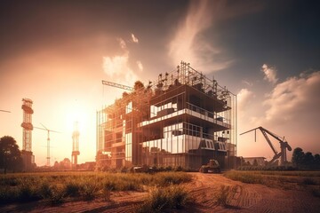 Poster - A Large Building With A Crane In Front Of It On A Dirt Road Construction Site Panoramic Photography Construction Management Generative AI 