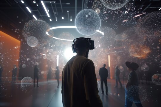 A Man In A Virtual Reality Headset Looking At A Disco Ball Nightclub Advertising Photography Virtual Reality Generative AI 