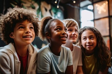 Poster - A Group Of Children Sitting Next To Each Other Smiling At The Camera Science Museum Portrait Photography Science Education Generative AI 