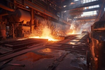 Poster - A Factory With A Lot Of Steel Being Poured In It's Furnace Abandoned Factory Interior Photorealism Industrial Photography Generative AI 