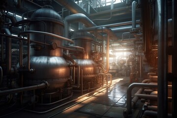 Poster - A Large Industrial Building With Pipes And Tanks In It's Center Factory Photorealism Industrial Photography Generative AI 