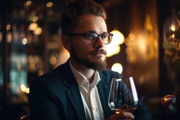 Poster - A Man With A Beard And Glasses Holding A Glass Of Wine Winery Portrait Photography Wine Generative AI 
