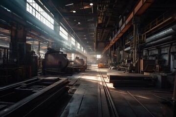 Poster - A Large Industrial Building With A Train Inside Of It's Station Abandoned Factory At Sunset Long Exposure Photography Industrial Photography
