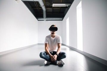 Poster - A Man Sitting In A Room With A Virtual Reality Headset Abandoned Warehouse Interior Stereoscopic Photography Virtual Reality Generative AI 