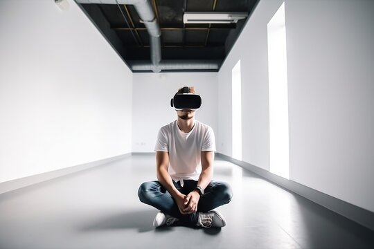 A Man Sitting In A Room With A Virtual Reality Headset Abandoned Warehouse Interior Stereoscopic Photography Virtual Reality Generative AI 