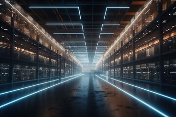 Poster - A Very Long Room With Some Lights On The Ceiling And Some Shelves Warehouse Video Art Supply Chain Optimization