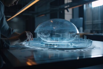 Poster - A Person Working On A Model Of A Building In A Glass Dome Aquarium Kinetic Art Architectural Design