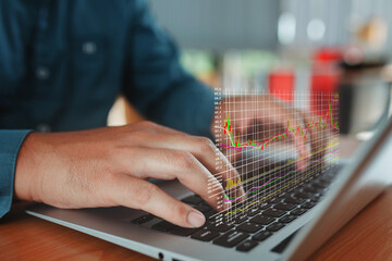 Poster - investor using tablet showing virtual hologram of analysis virtual stock market chart , planning and strategic concepts.