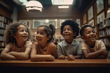 Poster - Three Children Are Smiling While Sitting At A Table In A Library Classroom Color Photography Diversity And Inclusion