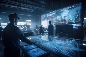 Poster - A Man Standing In Front Of A Display Of Electronic Devices In A Building Military Base Advertising Photography Cybersecurity Generative AI 