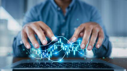 Poster - investor using tablet showing virtual hologram of analysis virtual stock market chart , planning and strategic concepts.