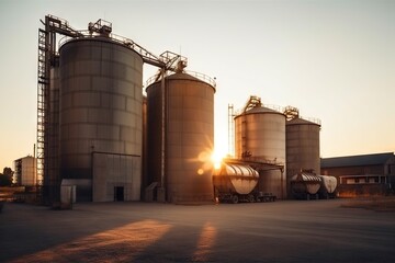 Poster - A Large Group Of Silos Sitting Next To Each Other On A Field Grain Silo Panoramic Photography Manufacturing Planning And Control Generative AI 