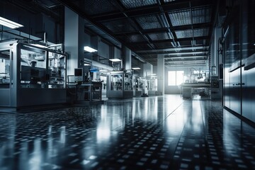 Poster - A Large Industrial Building With A Shiny Floor And A Large Window Factory Advertising Photography Manufacturing Planning And Control Generative AI 