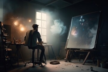 Poster - A Man Sitting In Front Of A Large Screen In A Dark Room Lunar Landscape Fine Art Photography Painting Generative AI 