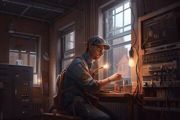 Poster - A Man Working On A Machine In A Factory With A Light Bulb Factory Photorealism Plant Maintenance Generative AI 
