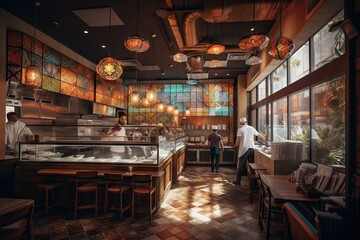 Poster - A Restaurant With A Lot Of Lights Hanging From The Ceiling And A Man Standing In The Middle Of The Room Restaurant Mosaic Lighting Design Generative AI 
