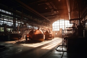 Poster - A Large Industrial Building With A Lot Of Tanks In It's Center Abandoned Factory At Sunset Panoramic Photography Industrial Photography Generative AI 
