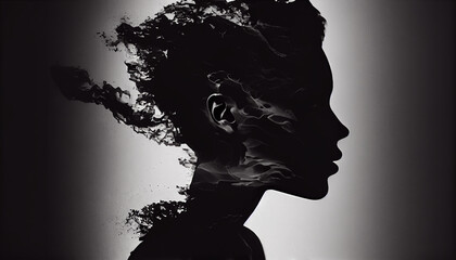 Poster - Silhouette portrait of young adult woman looking mysterious ,generative AI