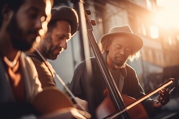 Poster - Three Men Are Playing Instruments On A City Street At Sunset Or Sunrise Urban Street Concert Photography Instrumental Performance Generative AI 