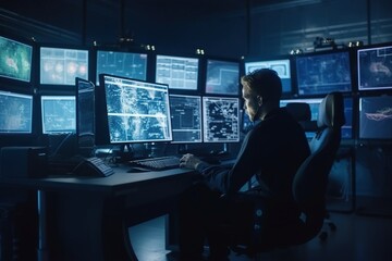 Poster - A Man Sitting At A Desk In Front Of A Bunch Of Monitors Newsroom Video Art Cybersecurity Generative AI 